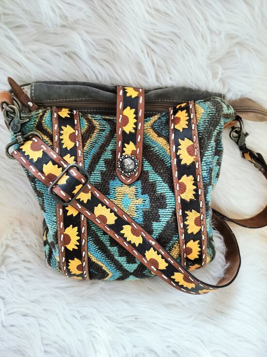 Myra Bag Handbags - 5869) Myra Forest Mist Hand-Tooled Shoulder Bag